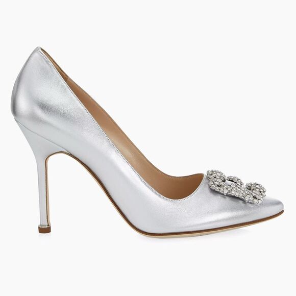 Manolo Blahnik Hangisi 105MM Crystal Buckle Leather Pumps size 37.5 - Picture 1 of 16